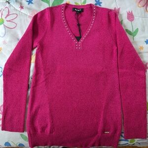 DKNY Metallic Hot Pink V-Neck Sweater Size S